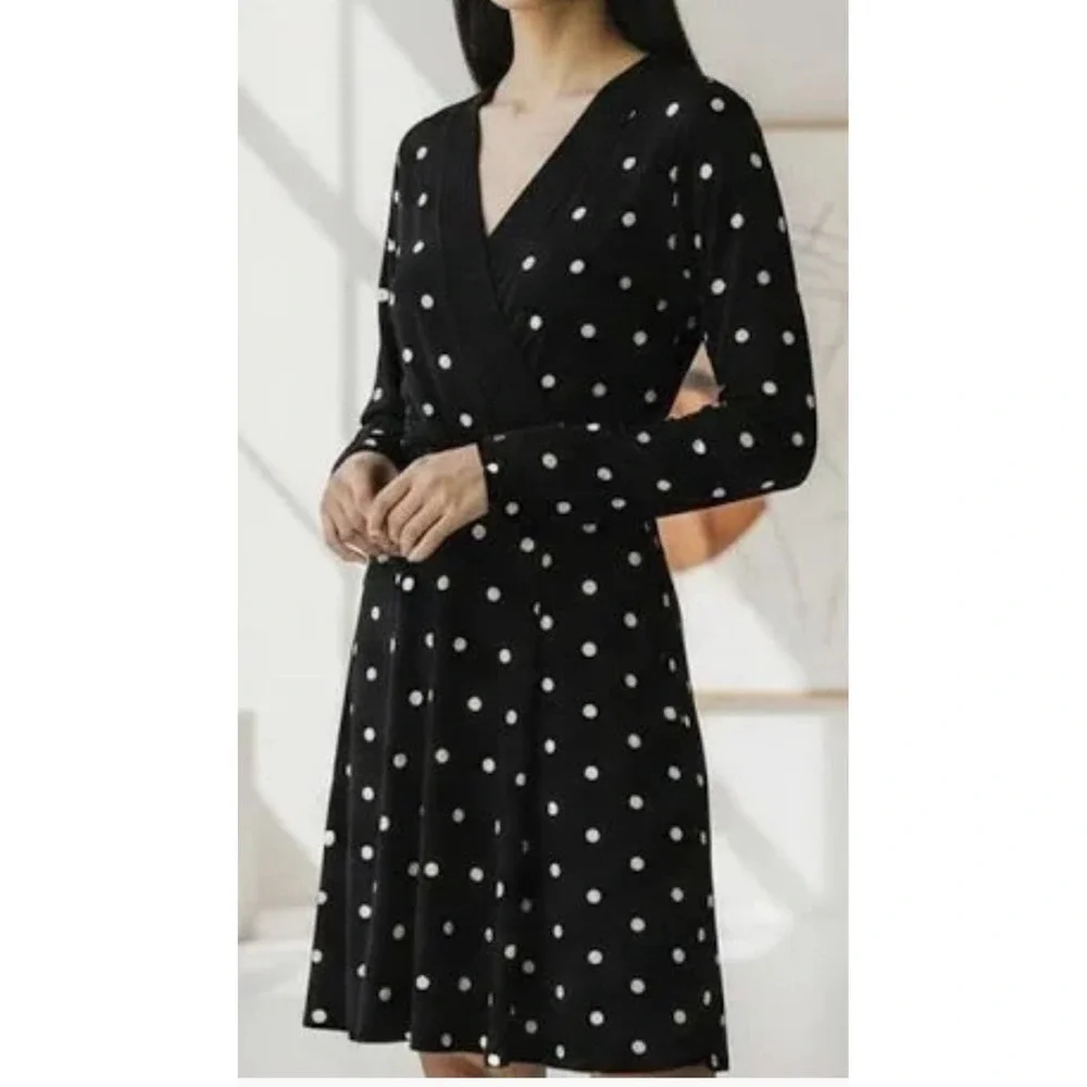 White House Black Market Black Polka Dot Long Sleeve Faux Wrap‎ Dress Size 16